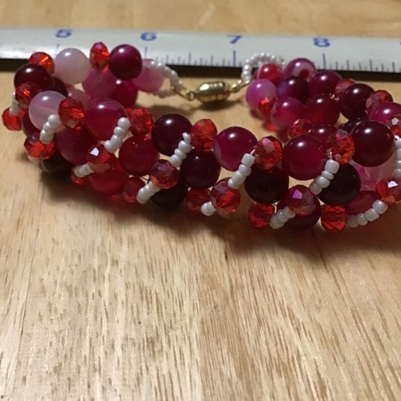 Handcrafted Beaded Bracelet w/ Magnetic Clasp RED&WHITE about 7 1/4" ...  br-19 - Picture 3 of 9